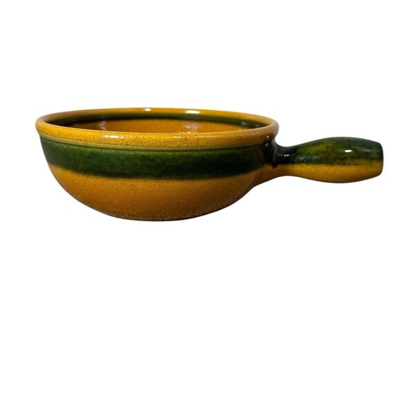 Landert 20 Two Tone Mustard Yellow Green Stripe Fondue Casserole Stoneware Pot - Picture 7 of 11